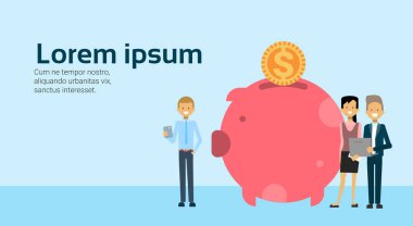 iş adamları dizüstü başarılı etmek servet birikimi para kutusunu piggy banka finansal başarı ekip çalışması kavramı kopya alanı düz büyüyen tutun.