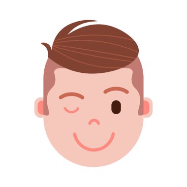 Çocuk baş emoji şahsiyet simgesiyle yüz duygular, avatar karakter, adam wink yüz farklı erkek duygular konsepti ile. düz tasarım.
