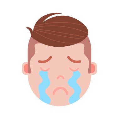Çocuk baş emoji şahsiyet simgesiyle yüz duygular, avatar karakter, yüz farklı erkek duygular konsepti ile ağlayan adam. düz tasarım.