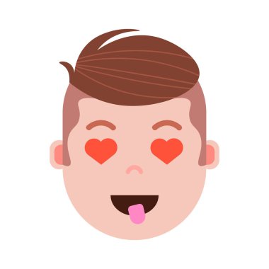 Çocuk baş emoji şahsiyet simgesiyle yüz duygular, avatar karakter, farklı erkek duygular konsepti ile göz yüz adam kalbinde. düz tasarım.