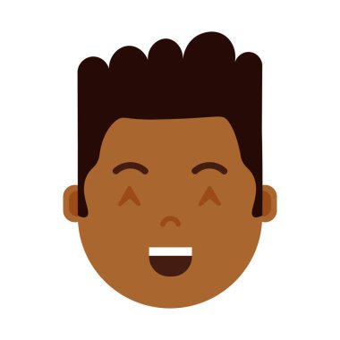 Afrikalı çocuk baş emoji şahsiyet simgesi yüz duygularla, avatar karakter, adam yüz farklı erkek duygular konsepti ile memnun. düz tasarım.