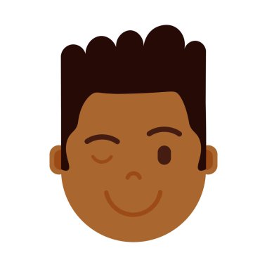 Afrikalı çocuk baş emoji şahsiyet simgesiyle yüz duygular, avatar karakter, adam wink yüz farklı erkek duygular konsepti ile. düz tasarım.