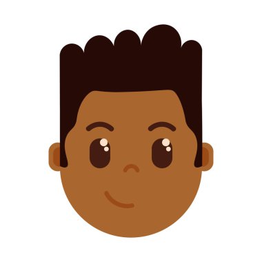 Afrikalı çocuk baş emoji şahsiyet simgesiyle yüz duygular, avatar karakter, adam kurnaz yüzü farklı erkek duygular konsepti ile. düz tasarım.