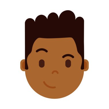 Afrikalı çocuk baş emoji şahsiyet simgesiyle yüz duygular, avatar karakter, adam kurnaz yüzü farklı erkek duygular konsepti ile. düz tasarım.