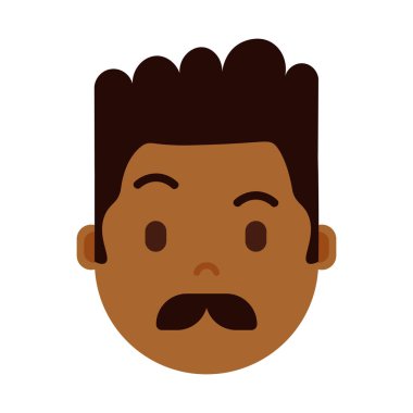 Afrikalı çocuk baş emoji şahsiyet simgesiyle yüz duygular, avatar karakter, adam bıyık yüz farklı erkek duygular konsepti ile. düz tasarım.