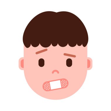 Çocuk baş emoji yüz duygular, avatar karakter, adam ile yüz farklı erkek duygular konsepti ile Kapa çeneni. düz tasarım.