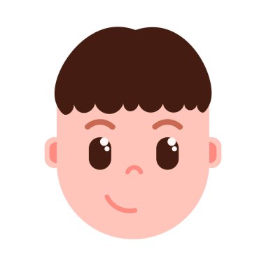 Çocuk baş emoji şahsiyet simgesiyle yüz duygular, avatar karakter, adam kurnaz yüzü farklı erkek duygular konsepti ile. düz tasarım.