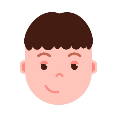 Çocuk baş emoji şahsiyet simgesiyle yüz duygular, avatar karakter, adam kurnaz yüzü farklı erkek duygular konsepti ile. düz tasarım.
