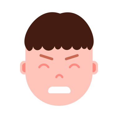 Çocuk baş emoji şahsiyet simgesiyle yüz duygular, avatar karakter, farklı erkek duygular konsepti ile gergin yüz adam. düz tasarım.