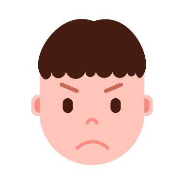 Çocuk baş emoji şahsiyet simgesiyle yüz duygular, avatar karakter, farklı erkek duygular konsepti ile adam kızgın surat. düz tasarım.