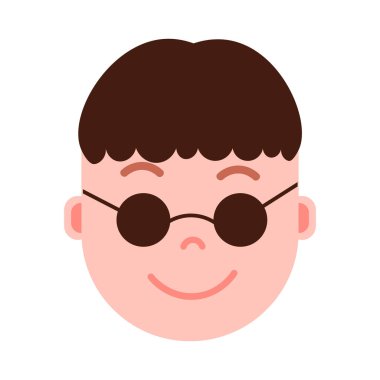 Çocuk baş emoji şahsiyet simgesiyle yüz duygular, avatar karakter, adam içinde gözlük yüz farklı erkek duygular kavramı ile. düz tasarım.