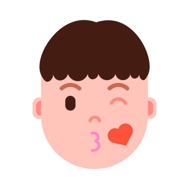 Çocuk baş emoji şahsiyet simgesiyle yüz duygular, avatar karakter, adam aşk yüz farklı erkek duygular konsepti ile. düz tasarım.