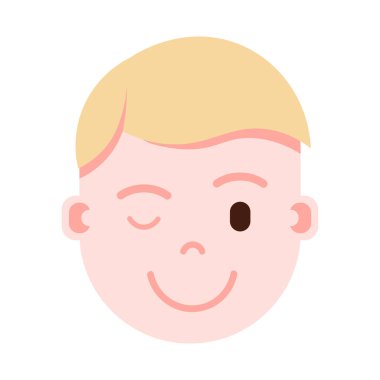 Çocuk baş emoji şahsiyet simgesiyle yüz duygular, avatar karakter, adam wink yüz farklı erkek duygular konsepti ile. düz tasarım.