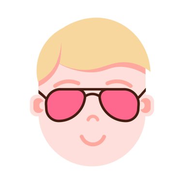 Çocuk baş emoji şahsiyet simgesiyle yüz duygular, avatar karakter, adam içinde gözlük yüz farklı erkek duygular kavramı ile. düz tasarım.