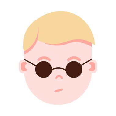 Çocuk baş emoji şahsiyet simgesiyle yüz duygular, avatar karakter, adam içinde gözlük yüz farklı erkek duygular kavramı ile. düz tasarım.