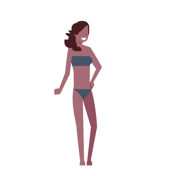 Bikini zâmbet femeie în picioare costum de baie gri pe fundal alb forma corpului concept stil plat — Vector de stoc