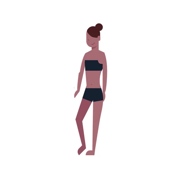 Bikini mujer de pie traje de baño negro sobre fondo blanco cuerpo forma concepto estilo plano — Vector de stock