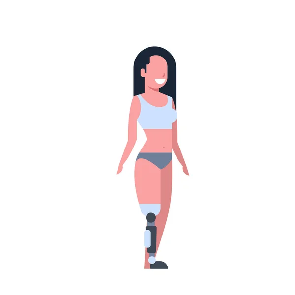Kobieta protezy nogi stojąc na białym tle wyłączone osoby koncepcja płaski — Wektor stockowy