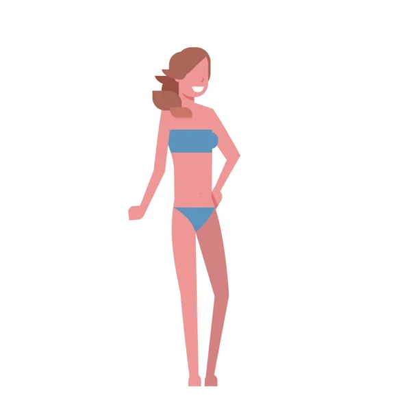 Bikini sonrisa mujer de pie sobre fondo blanco cuerpo forma concepto estilo plano — Vector de stock