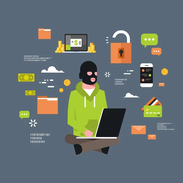 Mann schwarze Maske sitzt bei Computer-Hacker-Aktivität Konzept Viren Datenschutz Angriff Internet Information Sicherheit Wohnung — Stockvektor