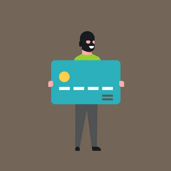 Thief Hold Bank Credit Card Man In Mask Stolen Money Cash Account Hacker Activity Concept Viruses Data Privacy Attack Flat — Stock Vector