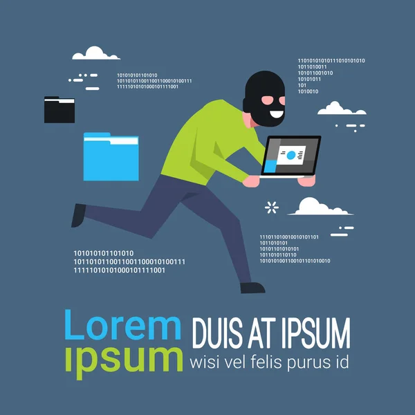 Чоловік у чорній масці Натисніть ноутбук Запустити Хакер Крадіжка приватної інформації Плоский — стоковий вектор
