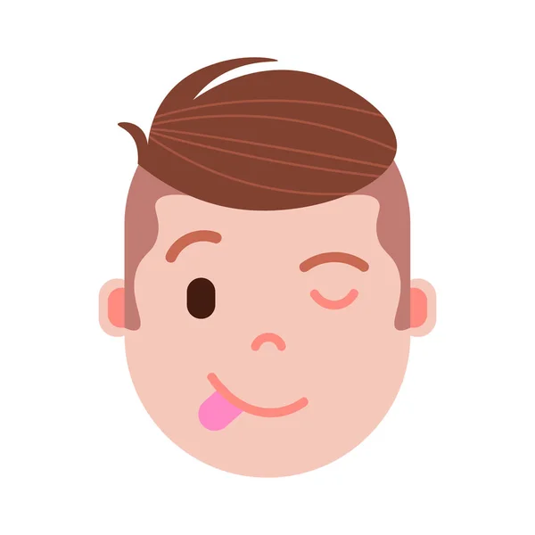 Poika pää emoji personage kuvake kasvojen tunteita, avatar merkki, mies näyttää kielen kasvot eri mies tunteita käsite. litteä muotoilu . — vektorikuva