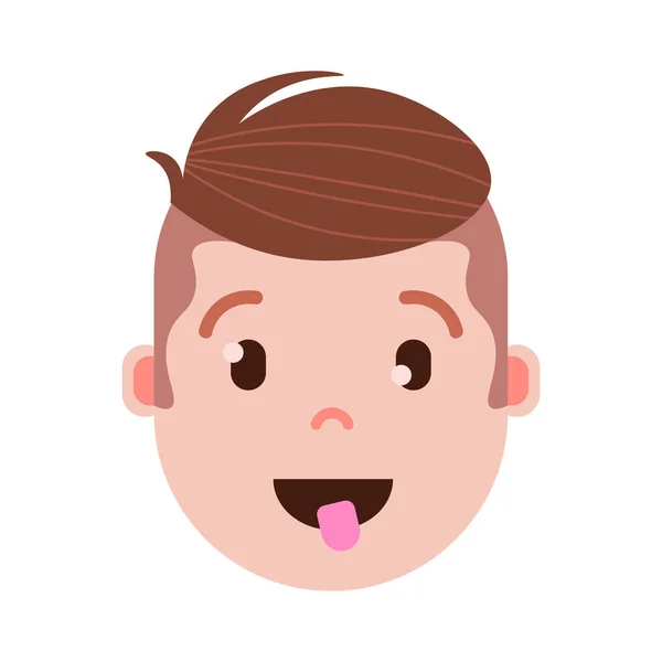 Poika pää emoji personage kuvake kasvojen tunteita, avatar merkki, mies näyttää kielen kasvot eri mies tunteita käsite. litteä muotoilu . — vektorikuva