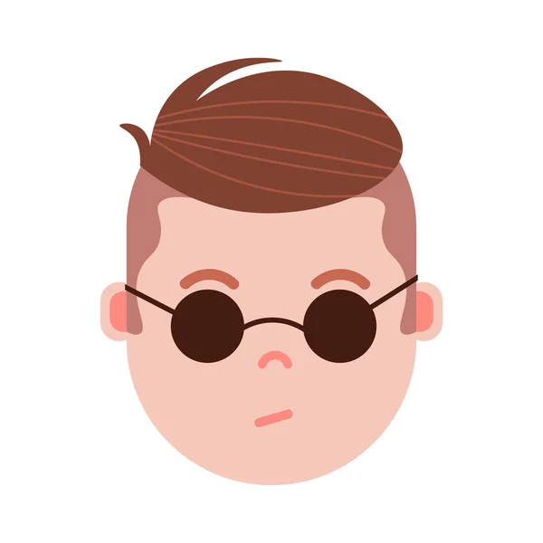Junge Kopf Emoji Personage-Ikone mit Gesichtsgefühlen, Avatarfigur, Mann mit Brille Gesicht mit unterschiedlichen männlichen Emotionen Konzept. flache Bauweise. — Stockvektor