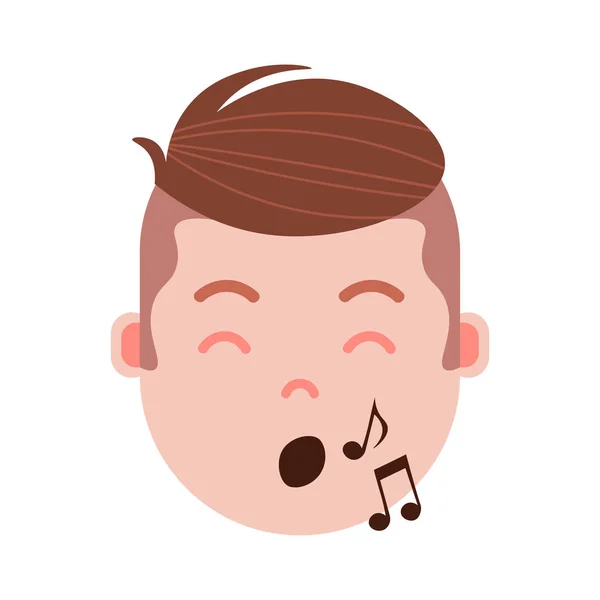 Junge Kopf Emoji Personage-Ikone mit Gesichtsgefühlen, Avatarcharakter, Mann zeigen singendes Gesicht mit unterschiedlichen männlichen Emotionen Konzept. flache Bauweise. — Stockvektor
