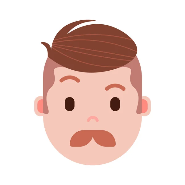 Chłopiec głowy emoji osobistość ikona z twarzy emocje, avatar znaków, człowiek wąsy twarz z koncepcją inny mężczyzna emocje. Płaska konstrukcja. — Wektor stockowy