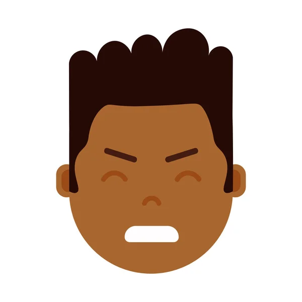 Afrikaanse jongen hoofd emoji personage pictogram met gezichts emoties, avatar karakter, man zenuwachtig gezicht met verschillende mannelijke emoties concept. platte ontwerp. — Stockvector