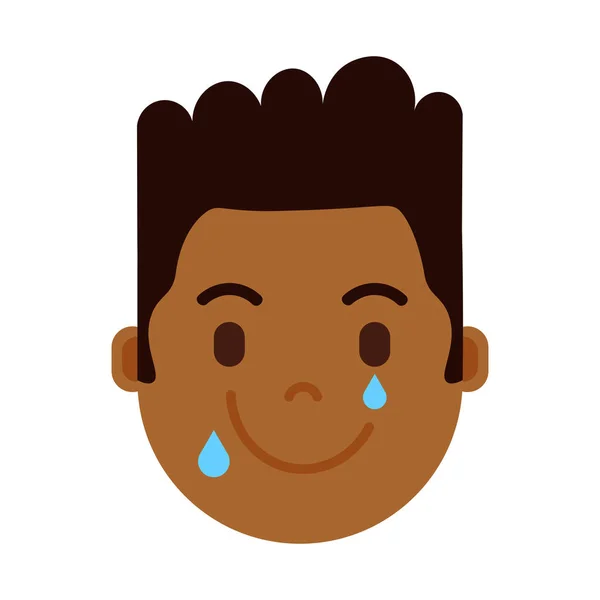 African boy head emoji personage icon with facial emotions, avatar character, man happy crying face with different male emotions concept. flat design. — Stock Vector