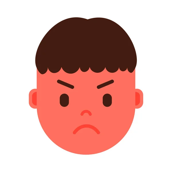 Menino cabeça emoji personagem ícone com emoções faciais, personagem avatar, cara com raiva homem com conceito de emoções masculinas diferentes. design plano . — Vetor de Stock