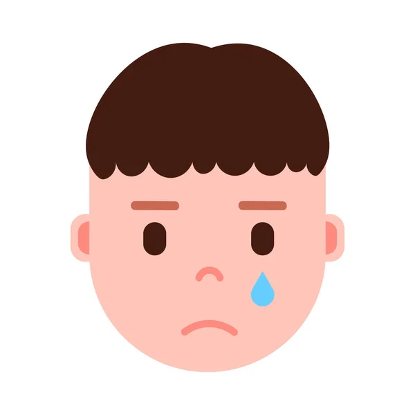 Boy head emoticon personaggio emoji con emozioni facciali, personaggio avatar, uomo volto piangente con diverso concetto di emozioni maschili. design piatto . — Vettoriale Stock