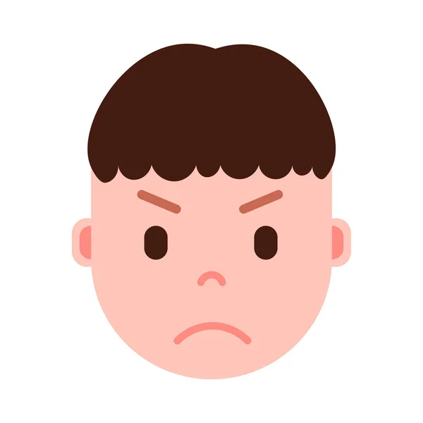 Chłopiec głowy emoji osobistość ikona z twarzy emocje, avatar znaków, zły człowiek twarz z koncepcją inny mężczyzna emocje. Płaska konstrukcja. — Wektor stockowy