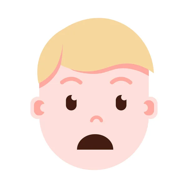 Emoji cabeça de menino com emoções faciais, caráter avatar, cara entristecida homem com conceito de emoções masculinas diferentes. design plano . — Vetor de Stock