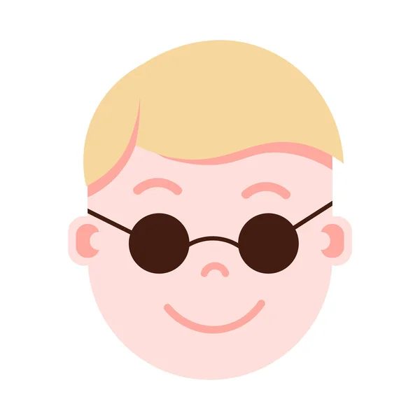 Niño cabeza emoji icono de personaje con emociones faciales, carácter avatar, hombre en gafas cara con concepto de emociones masculinas diferentes. diseño plano . — Archivo Imágenes Vectoriales