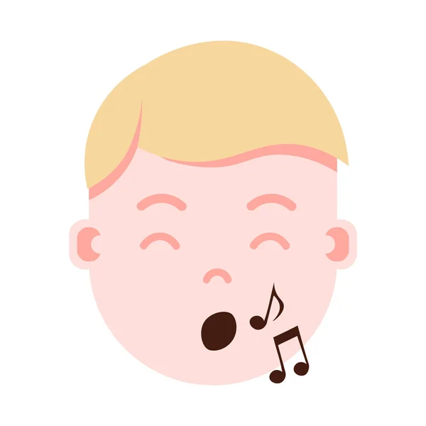 Junge Kopf Emoji Personage-Ikone mit Gesichtsgefühlen, Avatarcharakter, Mann zeigen singendes Gesicht mit unterschiedlichen männlichen Emotionen Konzept. flache Bauweise. — Stockvektor