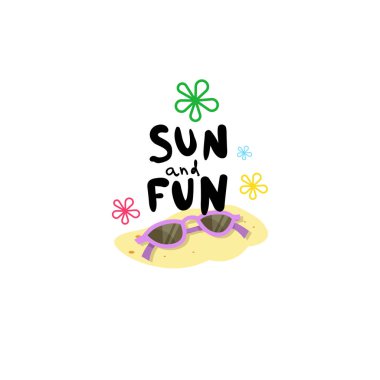 Güneş ve eğlence izole tipografik tasarım etiketi rozet. Logo, şablonlar, davet için yazı, tebrik kartı, baskılar ve posterler sezon tatil.