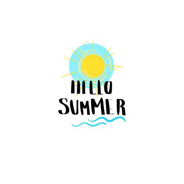 Merhaba yaz rozet izole tipografik tasarım etiketi. Logo, şablonlar, davet için yazı, tebrik kartı, baskılar ve posterler sezon tatil.