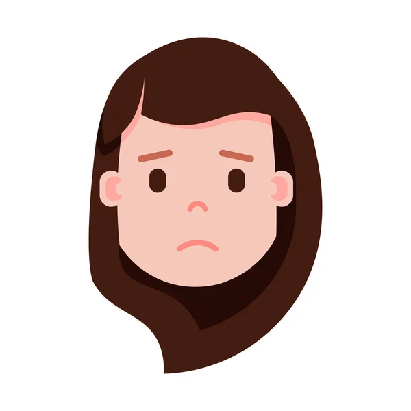 Meisje hoofd emoji met gezichts emoties, avatar karakter, vrouw bedroefd gezicht met verschillende vrouwelijke emoties concept. platte ontwerp. — Stockvector