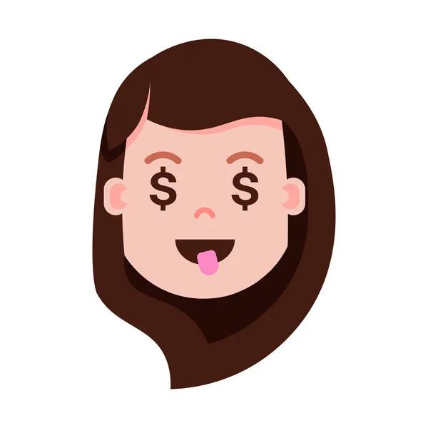 Chica cabeza emoji icono de personaje con emociones faciales, carácter avatar, cara de dólar mujer con concepto de emociones femeninas diferentes. diseño plano . — Archivo Imágenes Vectoriales