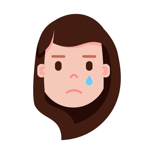 Menina cabeça emoji personagem ícone com emoções faciais, personagem avatar, mulher chorando rosto com diferentes emoções femininas conceito. design plano . — Vetor de Stock