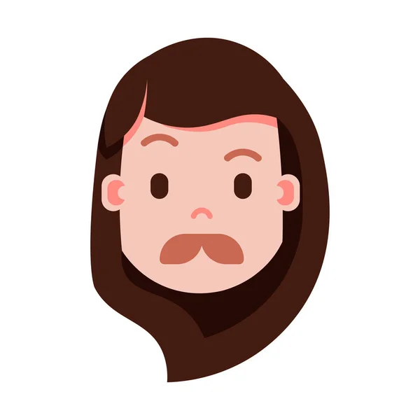 Flicka huvud emoji personlighet ikonen med ansiktsbehandling känslor, avatar karaktär, kvinna mustasch ansikte med olika kvinnliga känslor koncept. platt design. — Stock vektor