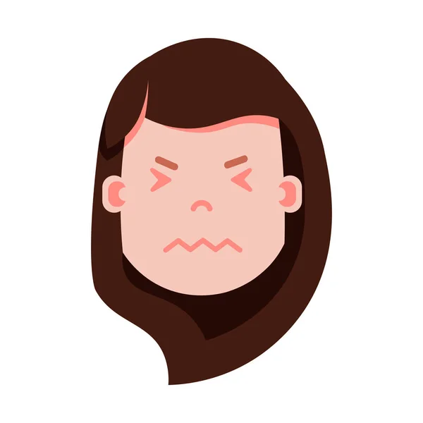 Ícone de personagem emoji cabeça menina com emoções faciais, personagem avatar, rosto nervoso da mulher com conceito de emoções femininas diferentes. design plano . — Vetor de Stock