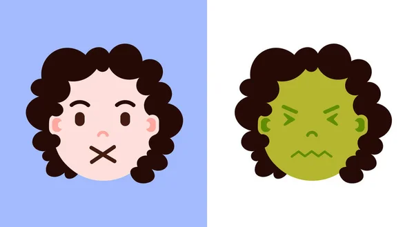 Set ikon emoji kepala gadis dengan emosi wajah, karakter avatar, penyakit dan wajah diam dengan konsep emosi perempuan yang berbeda. desain datar . - Stok Vektor