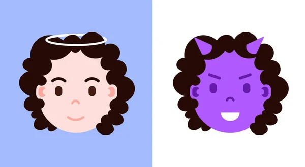 Set girl head emoji personage icon mit gesichtsgefühlen, avatarfigur, engel und teufelsgesicht mit verschiedenen weiblichen emotionen konzept. flache Bauweise. — Stockvektor