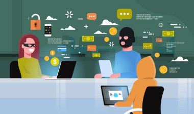 Suç grup siyah maske oturan, bilgisayar Hacker etkinlik kavramı virüs veri gizlilik saldırı Internet bilgi güvenlik düz vektör çizim