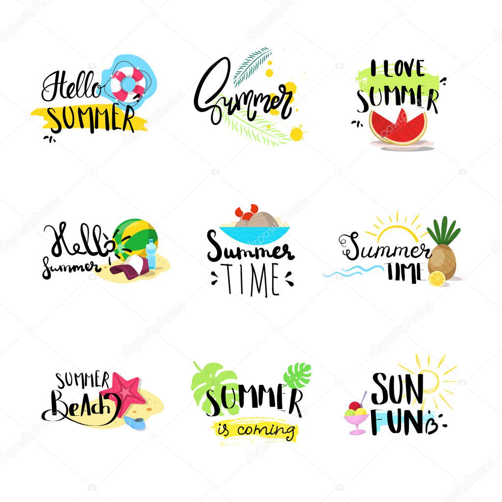 hello summer badge set isolated typographic design label, season holidays lettering for logo,templates, invitation, greeting card, prints and posters.